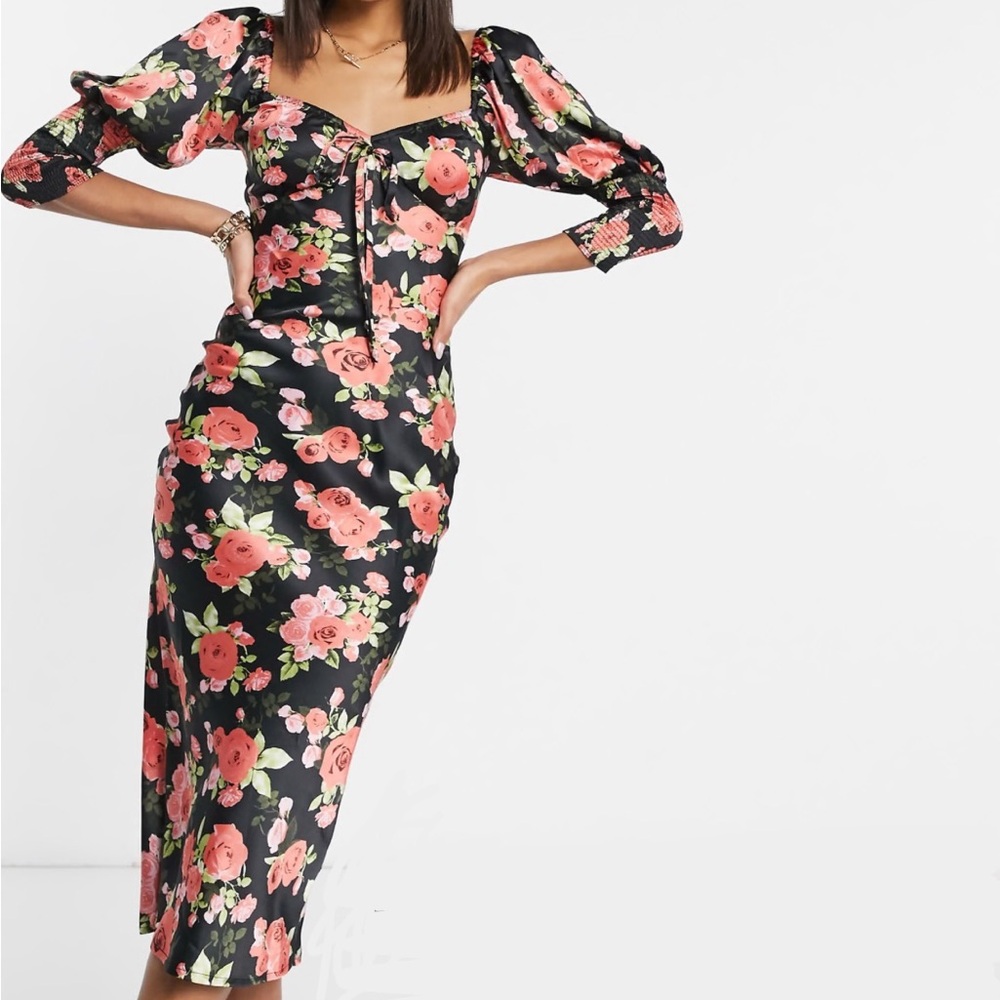 ASOS DESIGN satin bias midi tea dress with shirred cuffs in rose floral print